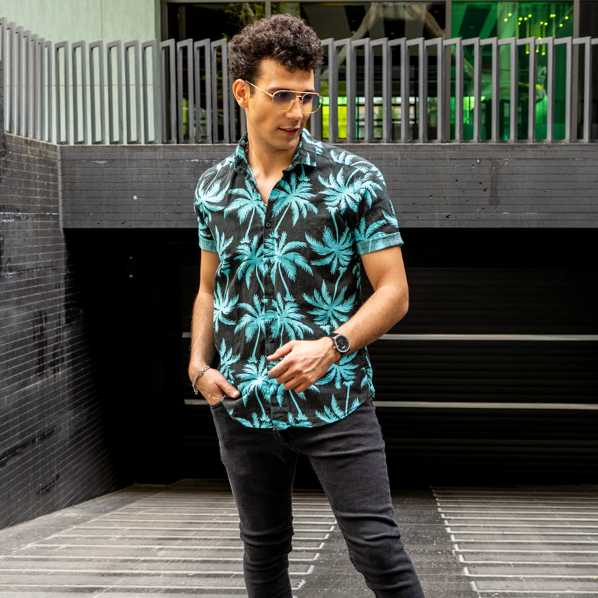 پيراهن هاوايي مردانه مشكي سبز مدل Riofer