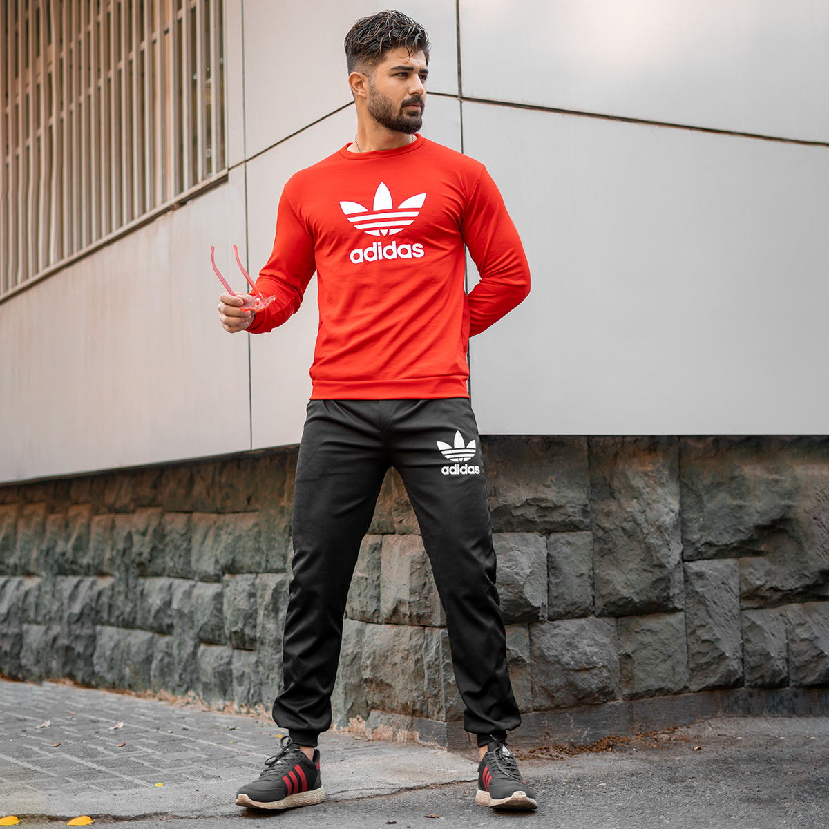 ست بلوز شلوار Adidas مردانه قرمز مشکی مدل Hani