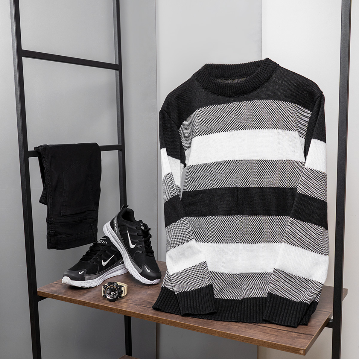 پلیور مردانه راه راه مشکی سفید مدل David