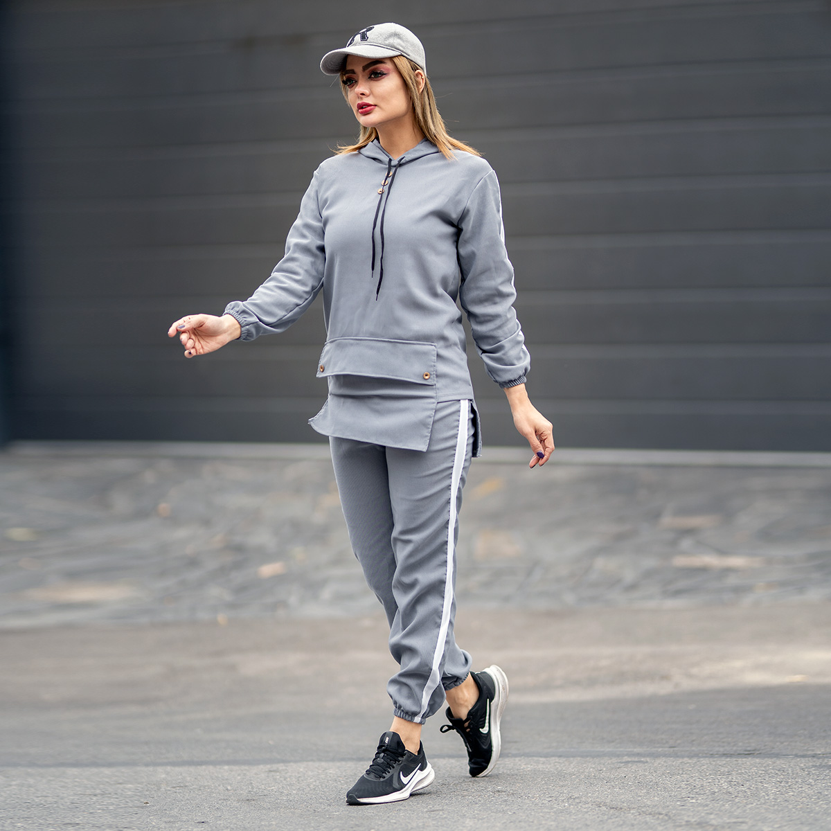 ست هودی شلوار جیب جلو طوسی دخترانه مدل Erina