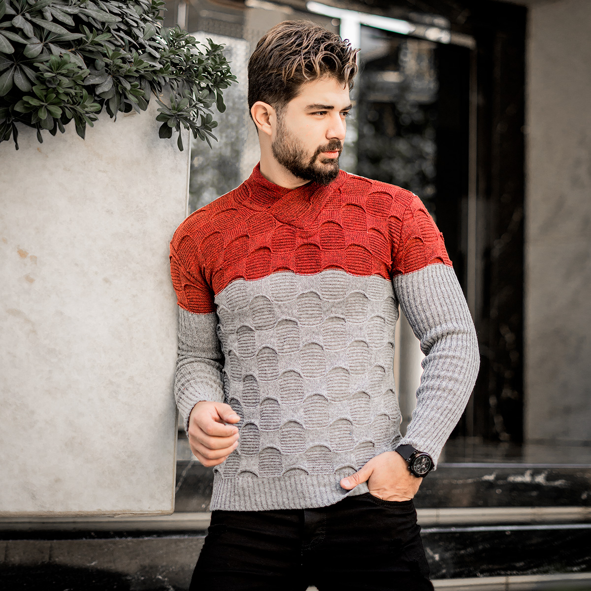 پلیور دورنگ قرمزطوسی مردانه مدلArkia