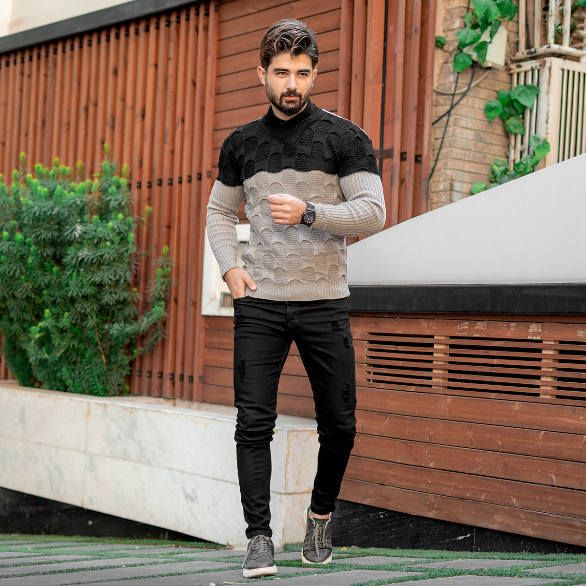 پلیور دورنگ مشکی کرم مردانه مدلArkia