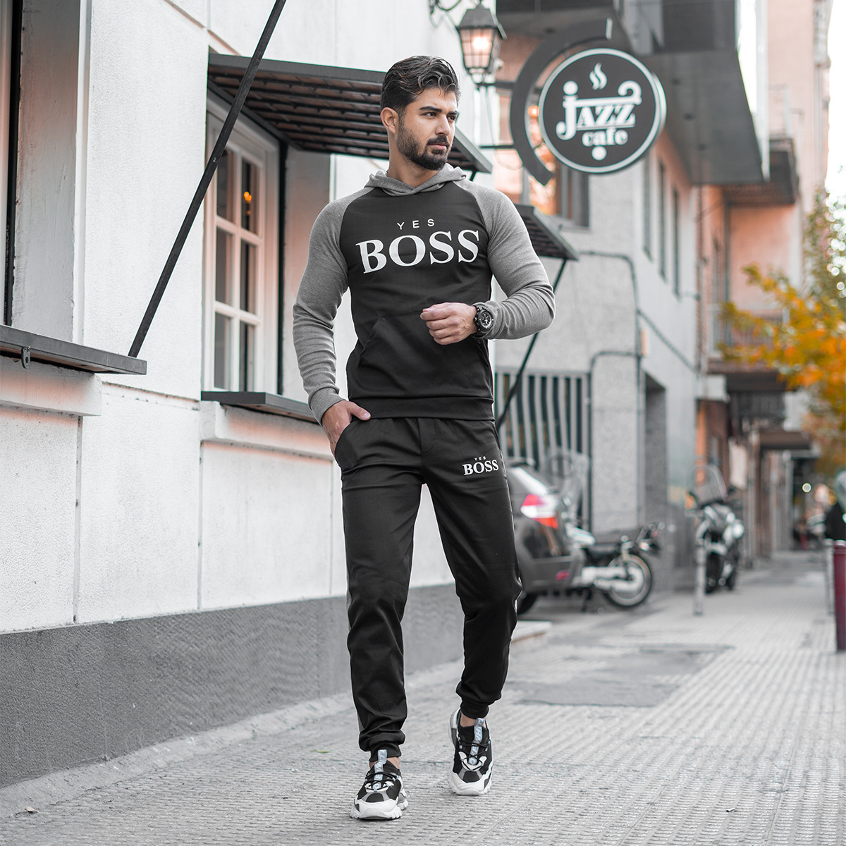 ست هودی شلوار BOSS مردانه طوسی مشکی مدل Varm