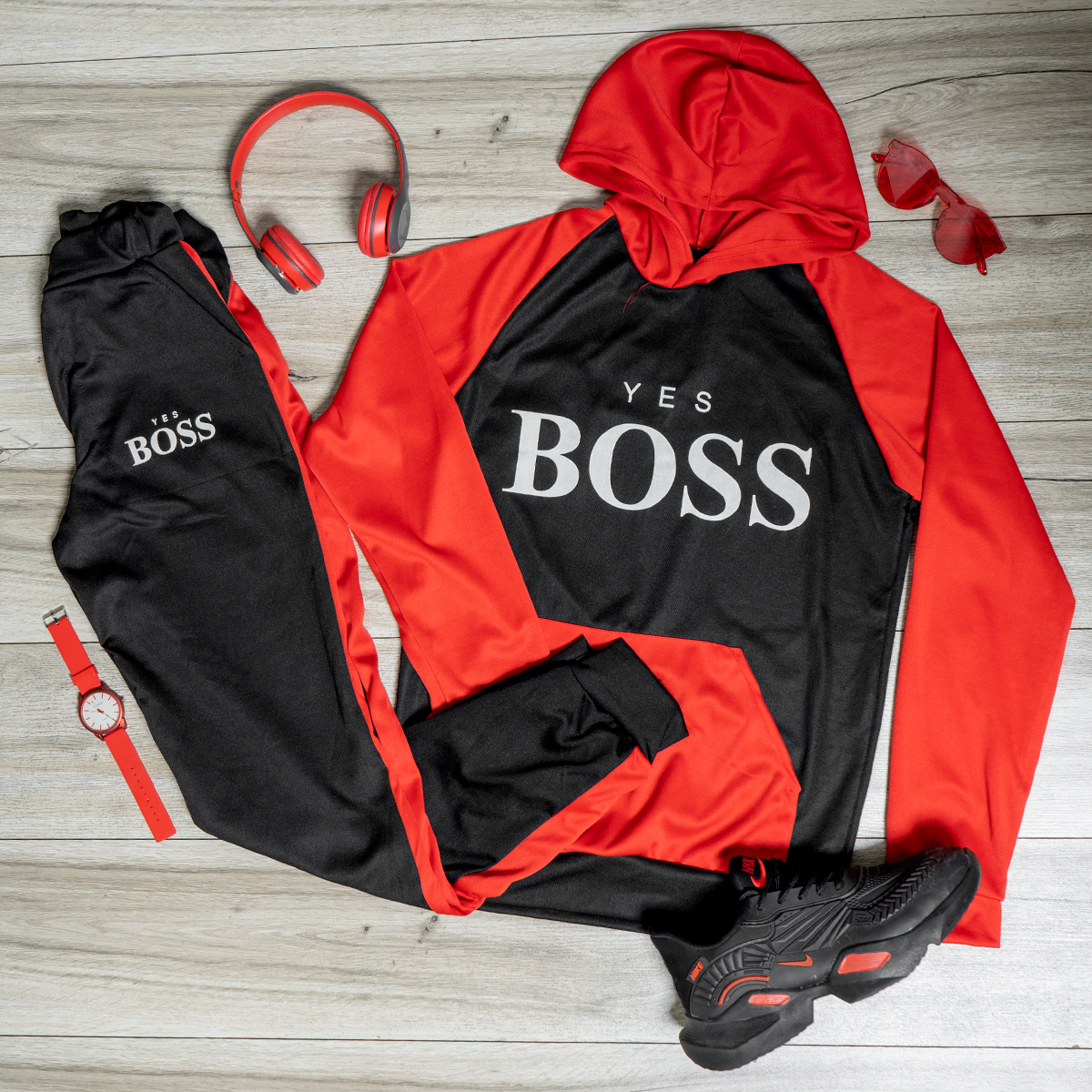 ست هودی شلوار BOSS مردانه قرمز مشکی مدل Varm