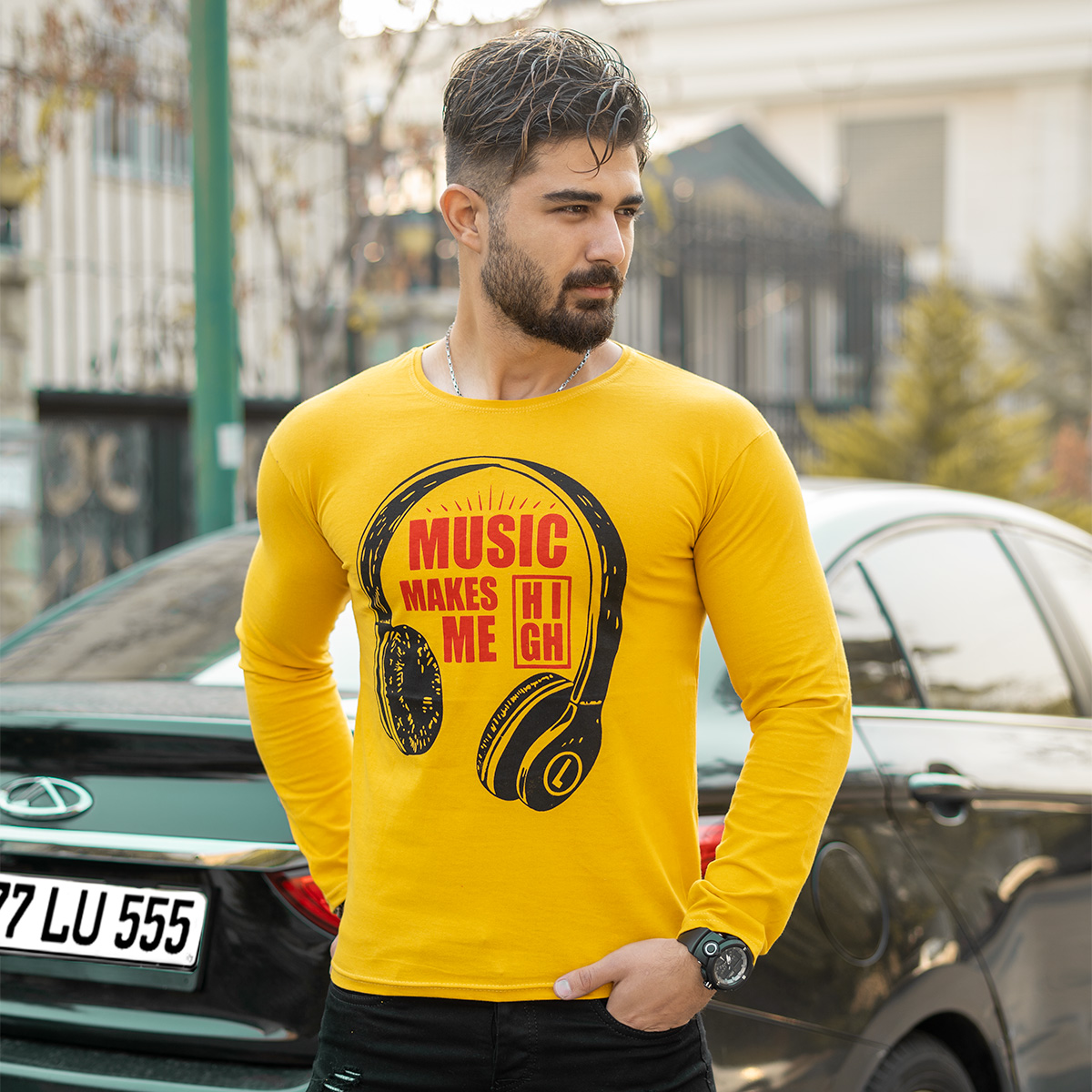 تیشرت آستین بلند مردانه طرح هدست زرد مدل O22