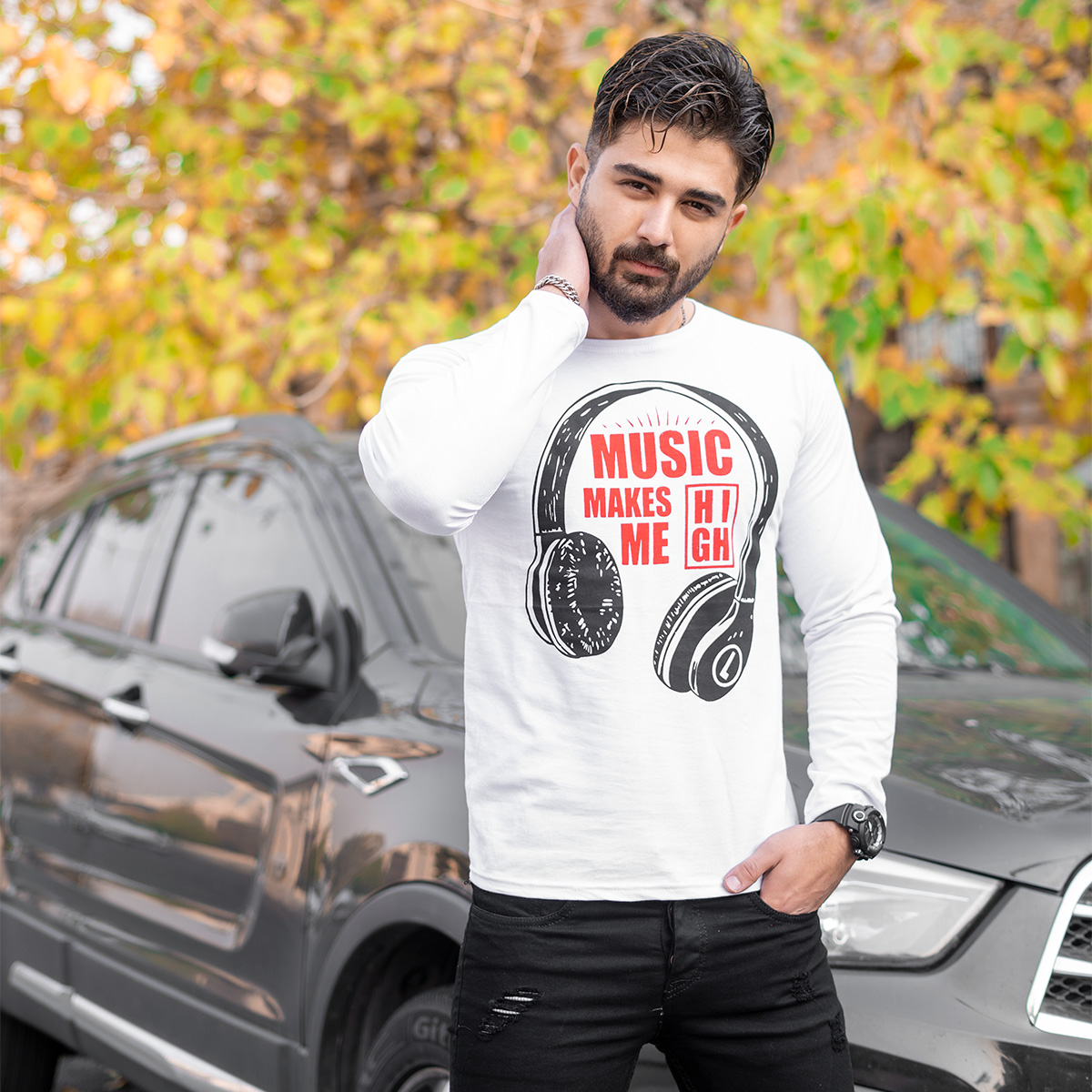 تیشرت آستین بلند مردانه طرح هدست سفید مدل O22