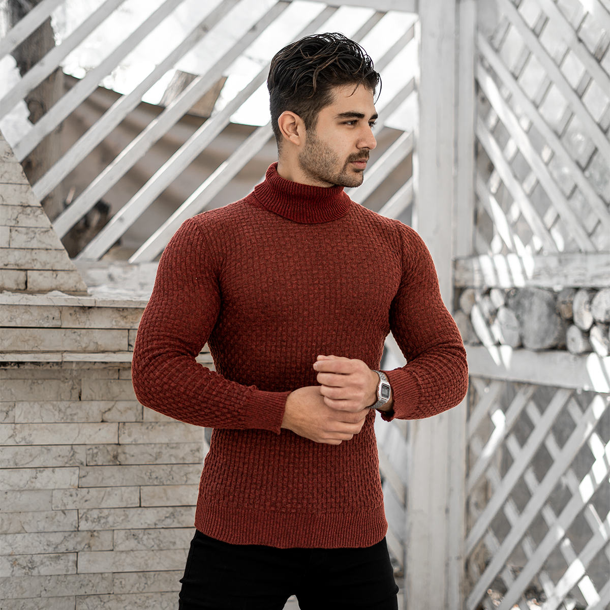 پلیور یقه اسکی مردانه زرشکی مدل Oktav