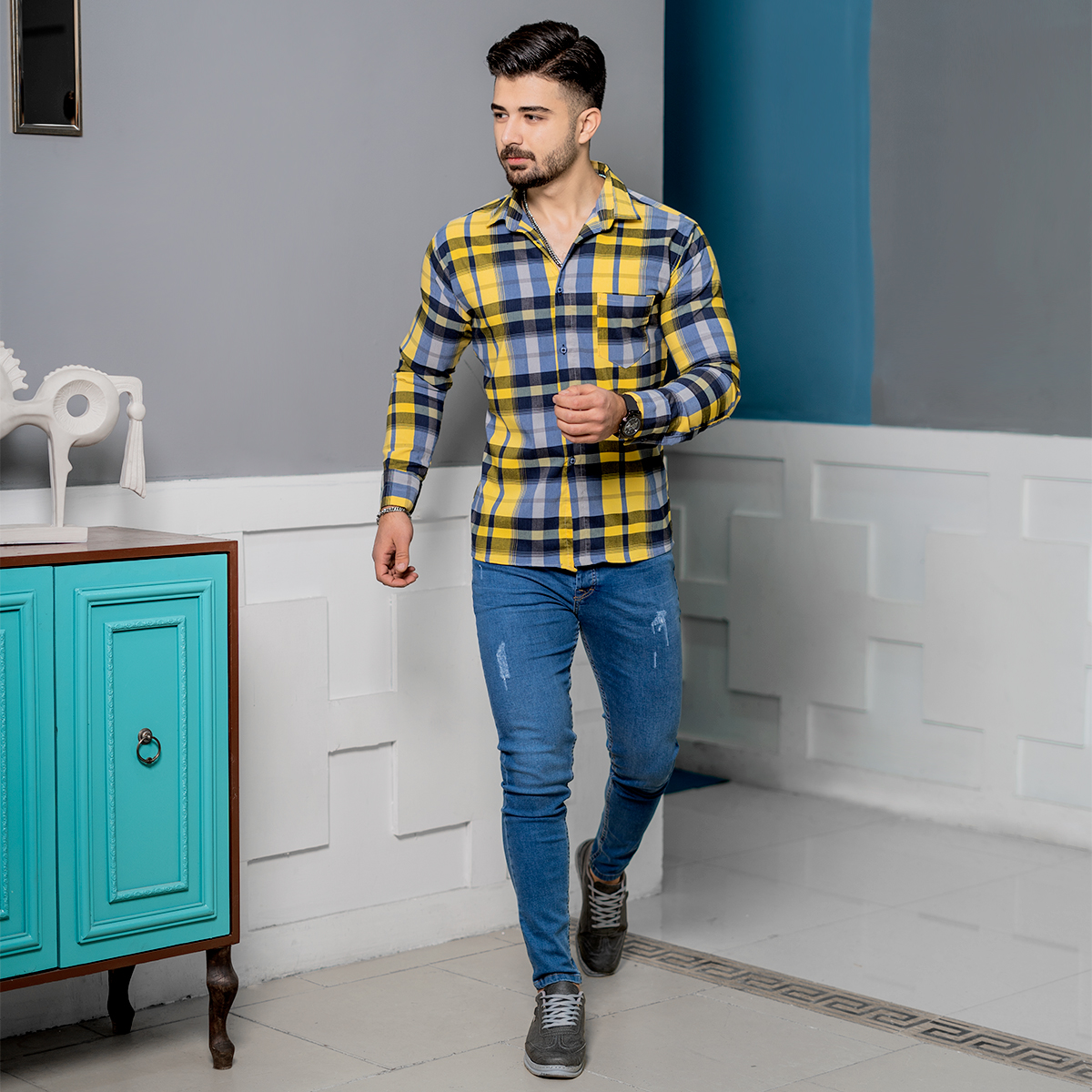 پیراهن چهارخانه زرد مدل oskar