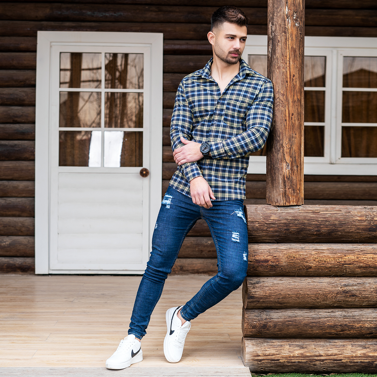 پیراهن چهارخانه زرد سرمه ای مردانه مدلDivan