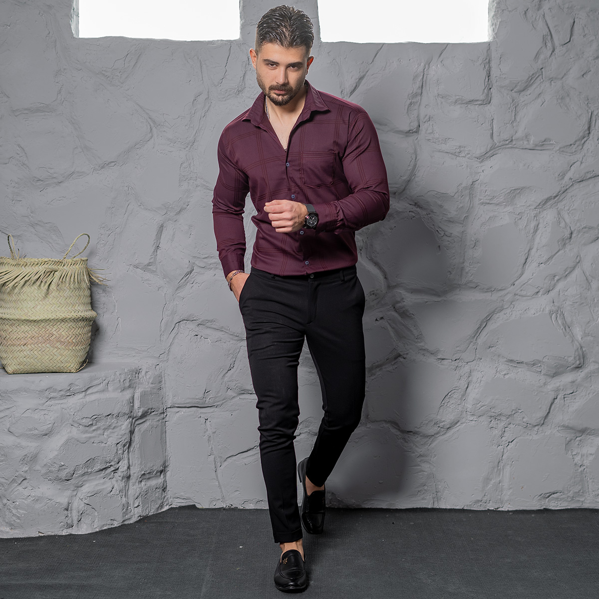 پیراهن مردانه چهارخونه زرشکی مدل Ravin