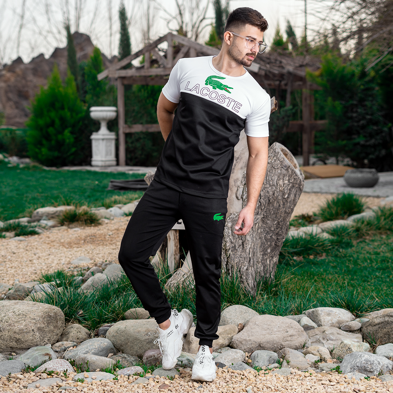 ست تیشرت شلوار مردانه سفید مشکی مدل Lacoste