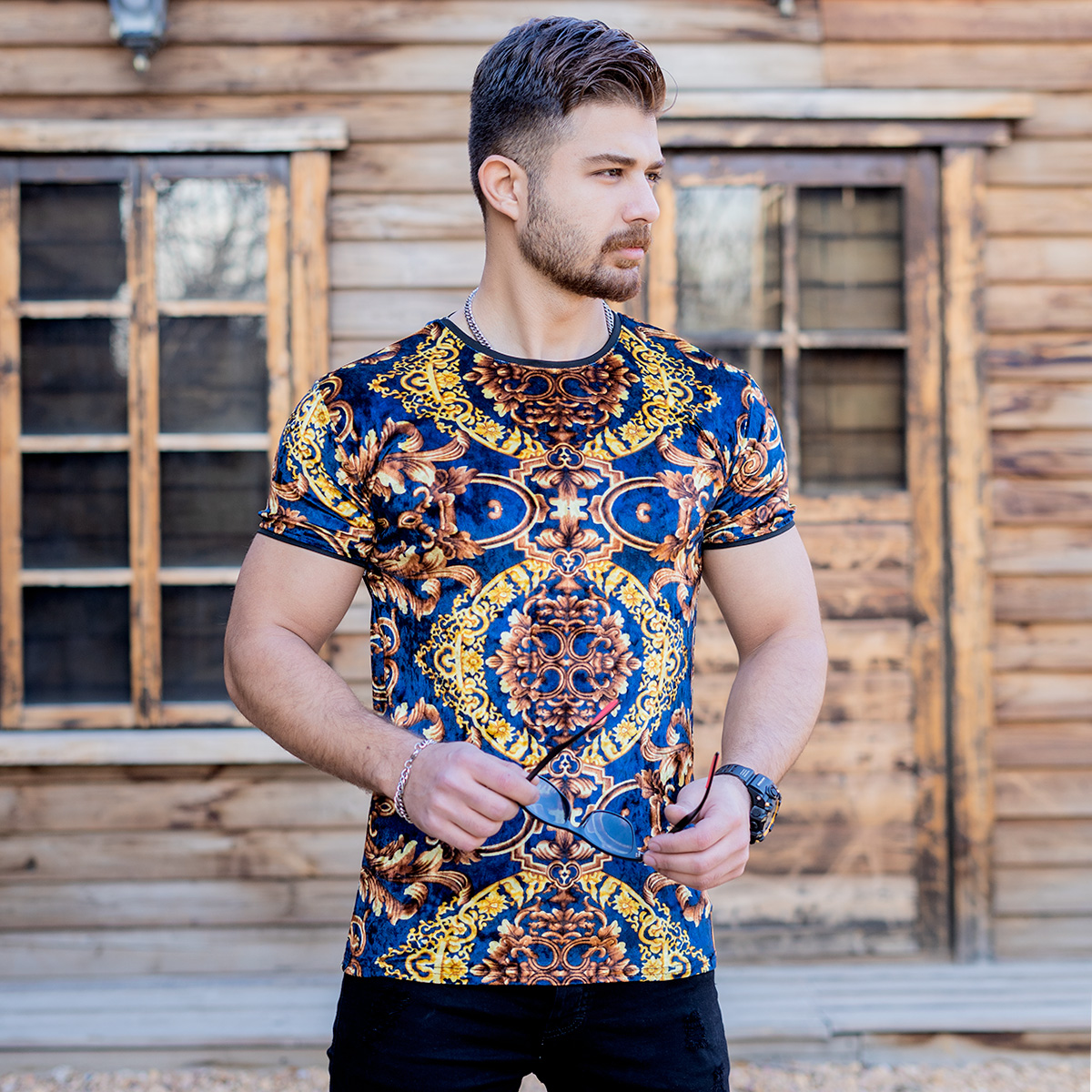 تیشرت مخمل آبی طرحدار مردانه مدل Avin