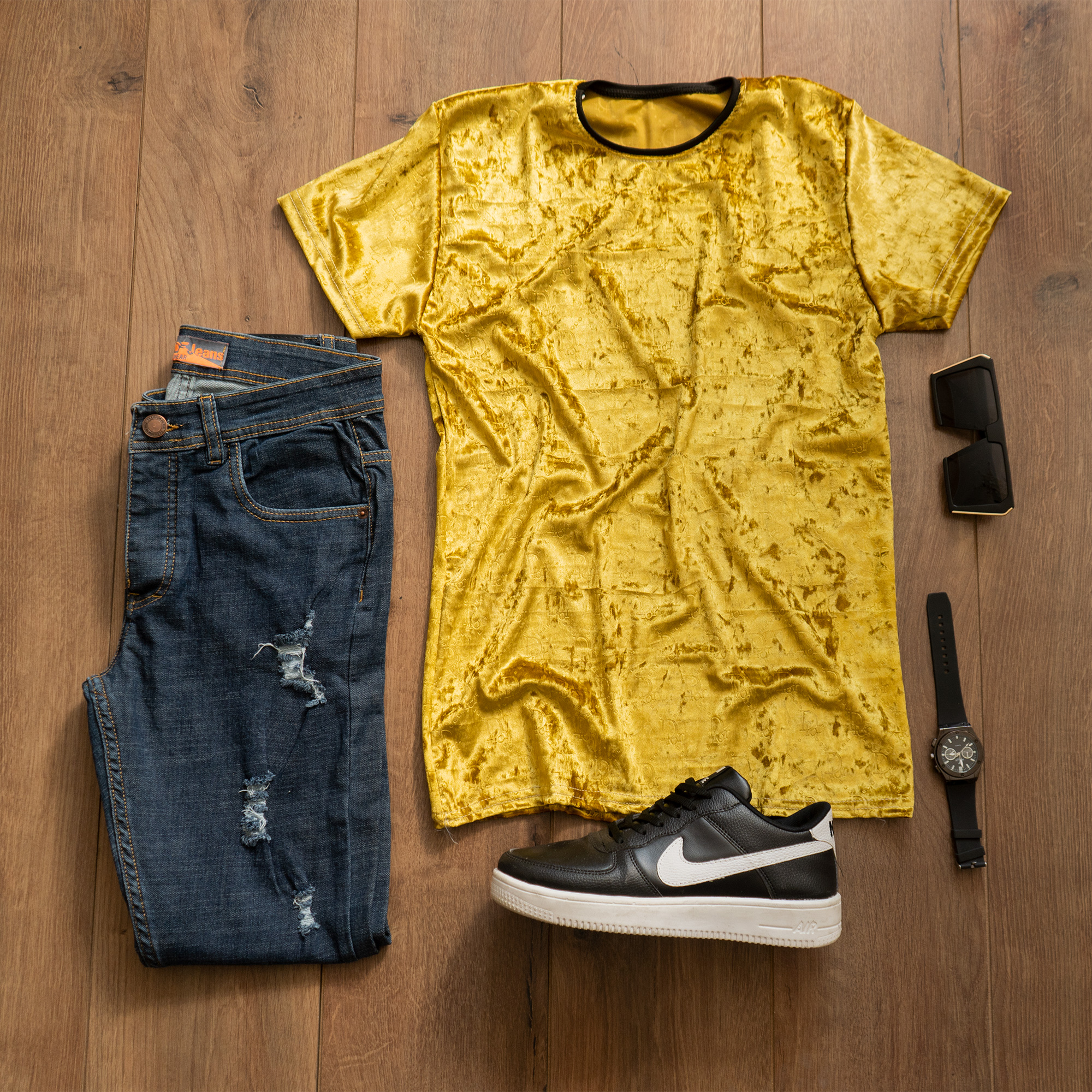 تیشرت مخمل خردلی مردانه مدل Dior