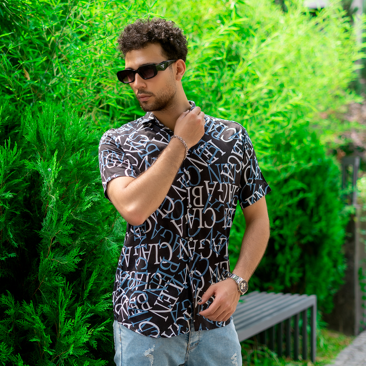 پیراهن هاوایی مردانه مشکی آبی مدل ABC