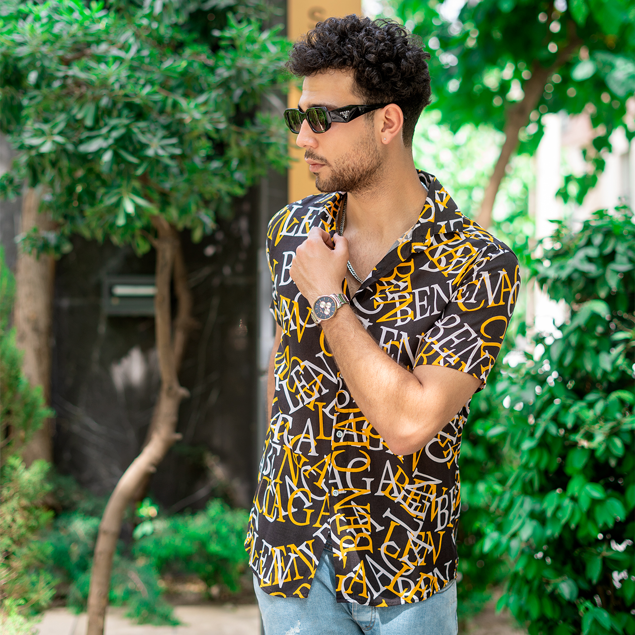 پیراهن هاوایی مردانه مشکی زرد مدل ABC