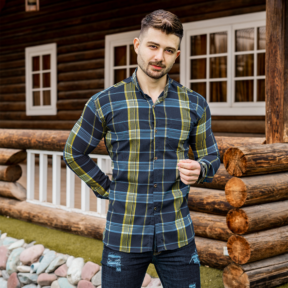 پیراهن راه راه مردانه زرد آبی مدلwigo