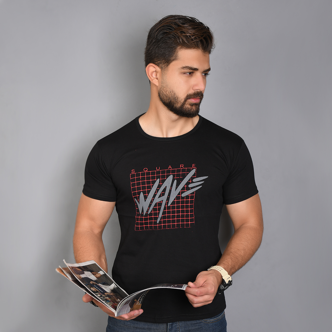 تیشرت مردانه مشکی(T) مدل Wav