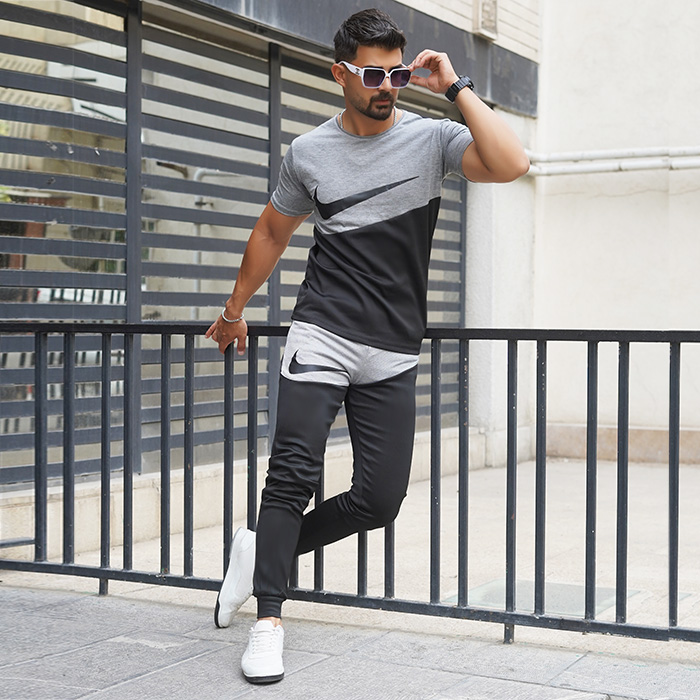 ست تیشرت شلوار نایک طوسی مشکی مردانه مدلMs2