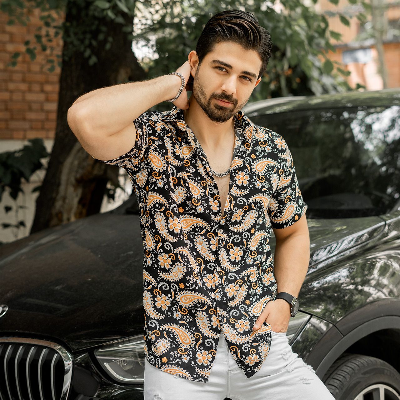 پیراهن هاوایی طرح بته جقه مردانه مدل calin