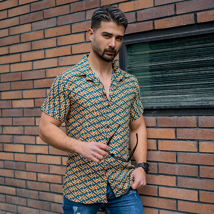 پیراهن هاوایی طرح فندی زرد مردانه مدل F82