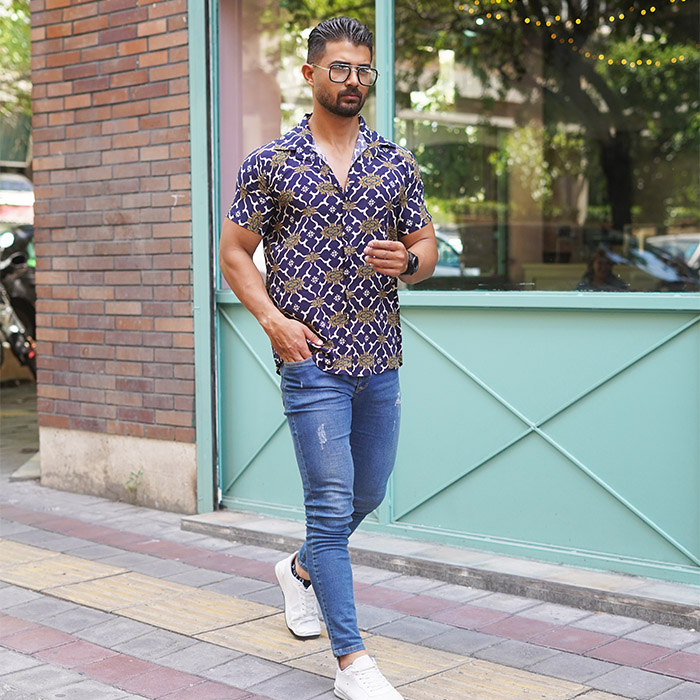 پیراهن هاوایی مردانه طرح پرانتز سرمه ای مدلE92