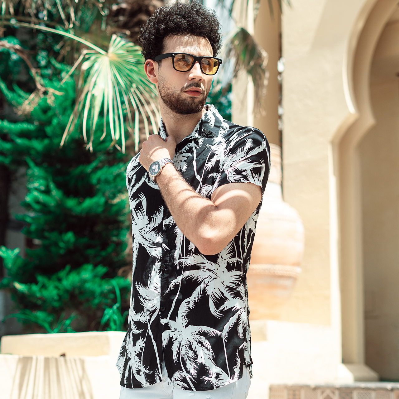 پیراهن هاوایی مردانه طرح نخل مدل TB50