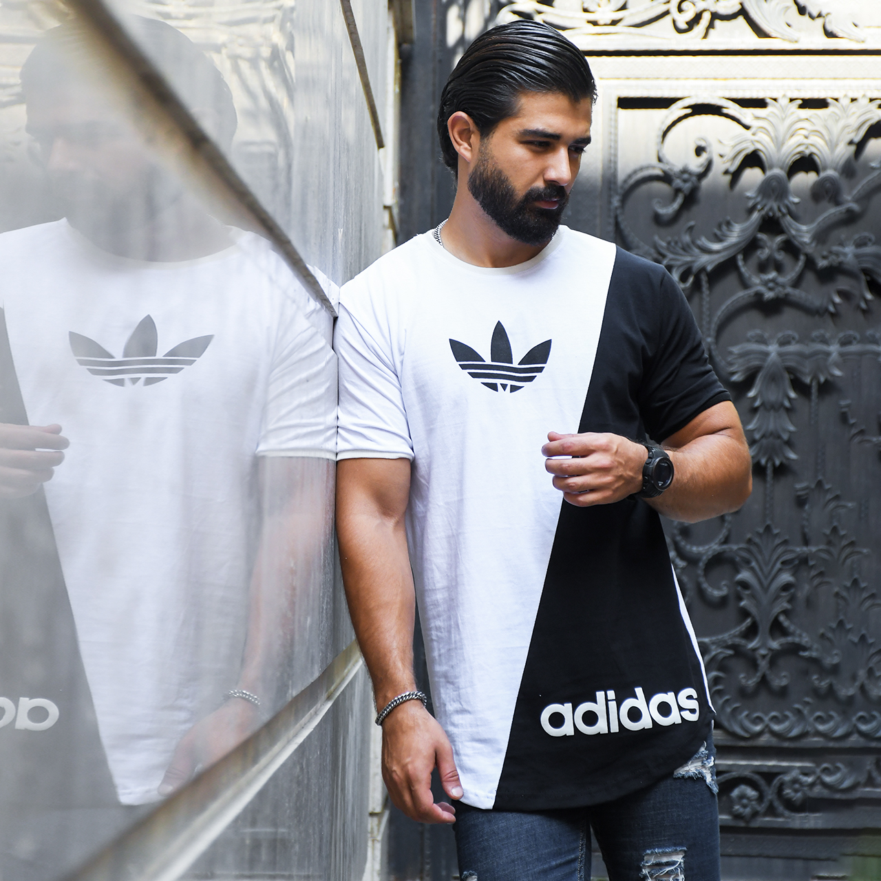 تیشرت Adidasسفید مشکی مردانه مدلBehnam