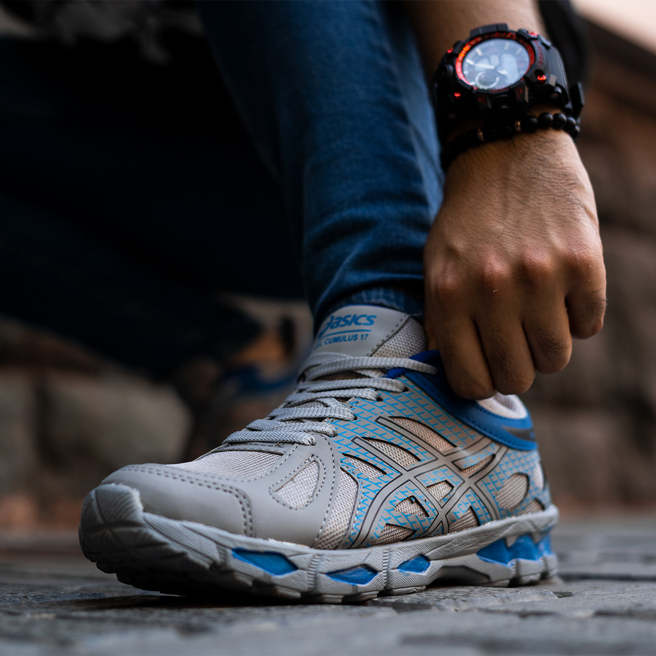 کفش ورزشی اسیکس طوسی-آبی مردانه مدل GEL17