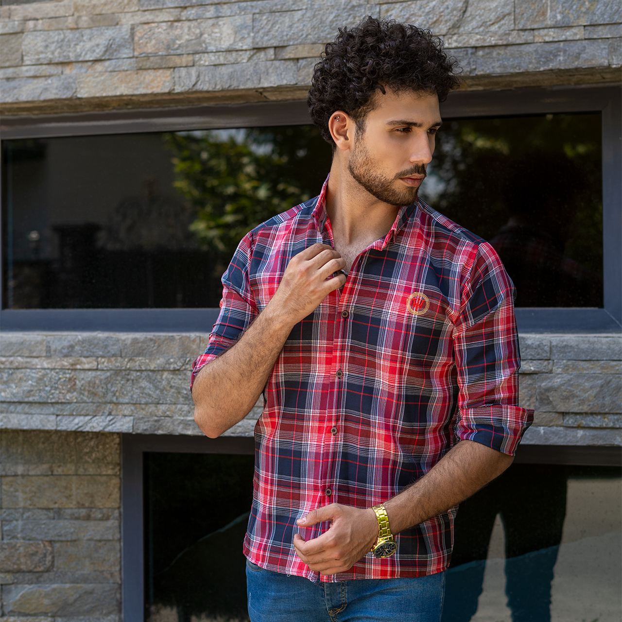 پیراهن چهارخونه مردانه سرمه ای قرمز مدلB13
