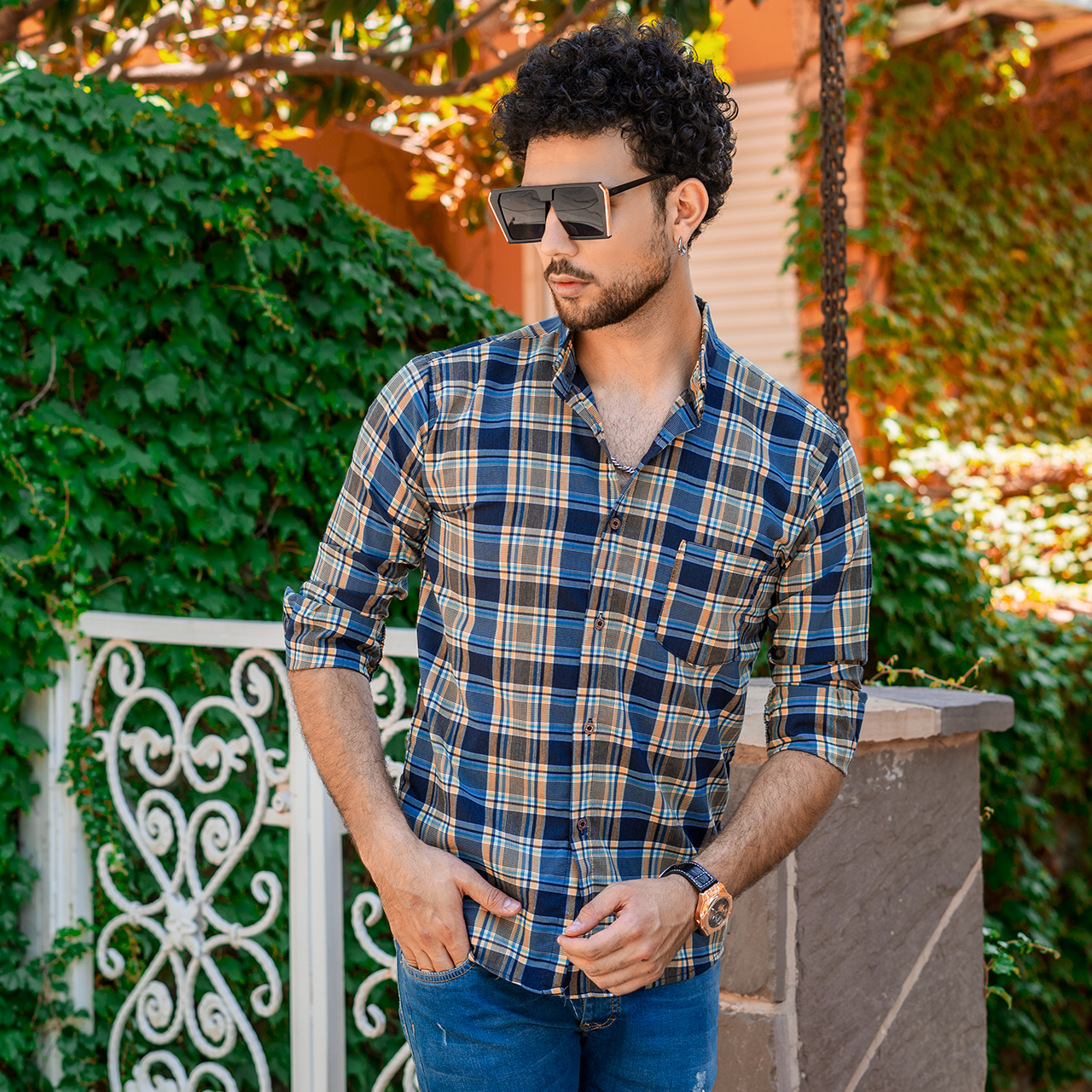 پیراهن چهارخونه مردانه آبی زرد مدل B14