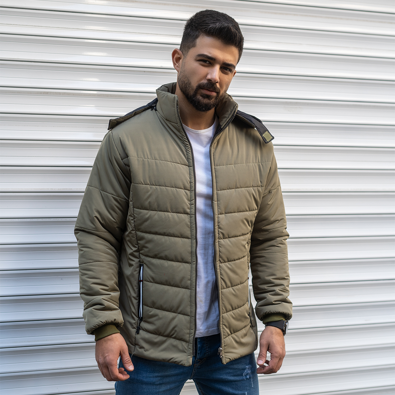 کاپشن مردانه ساده سبز زیتونی مدلAidin