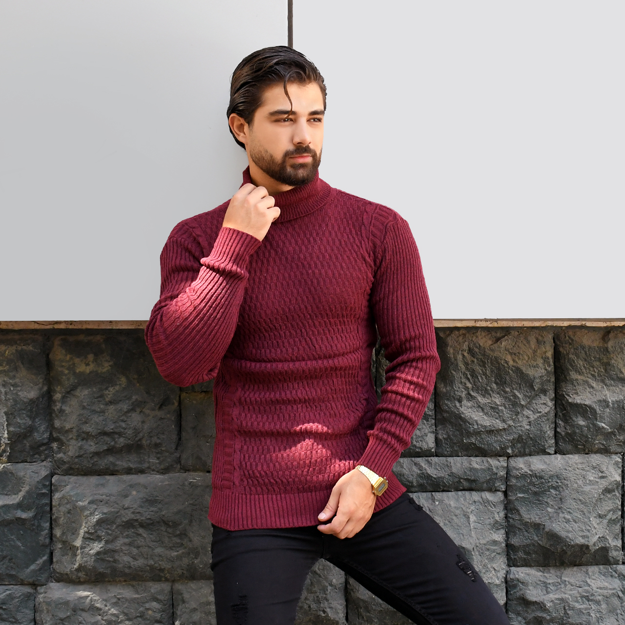 پلیور یقه اسکی زرشکی طرح راه راه مردانه مدلT10