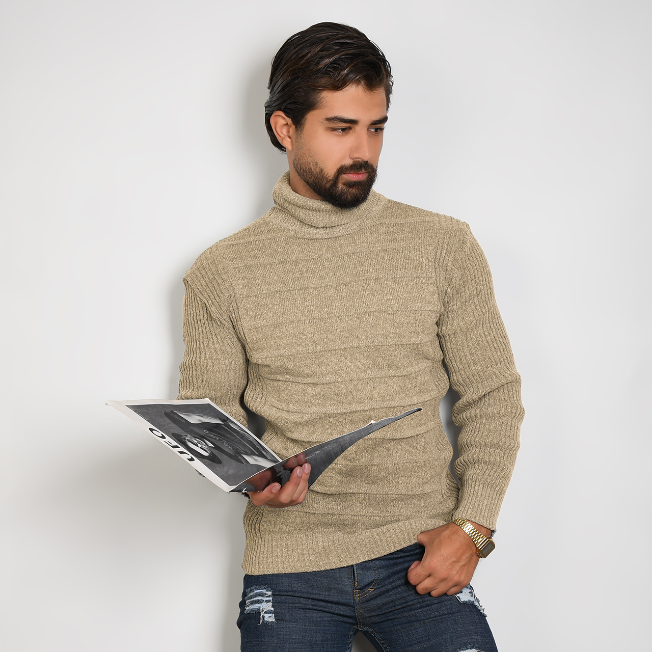 پلیور یقه اسکی کرم طرح کرکره ای مردانه مدلR10