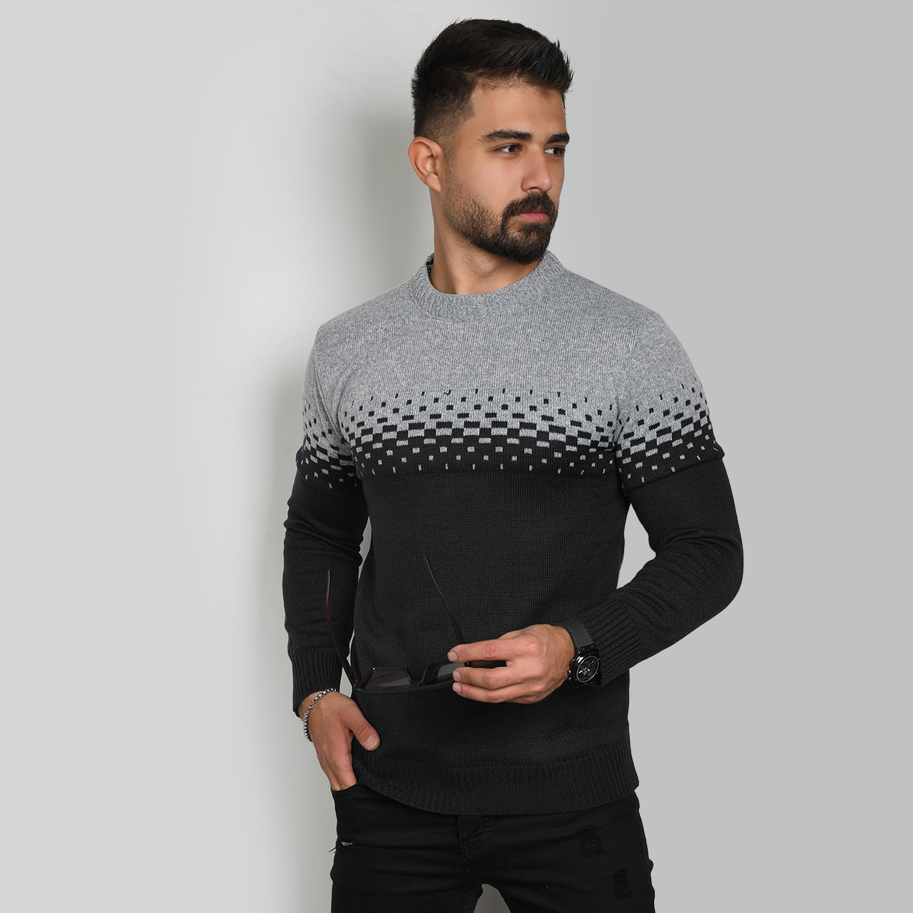 پلیور مردانه دو رنگ مشکی طوسی مدلShatel