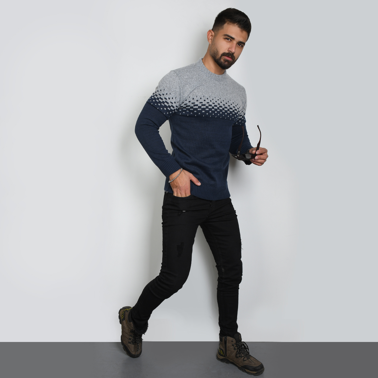 پلیور مردانه دو رنگ سرمه ای طوسی مدلShatel