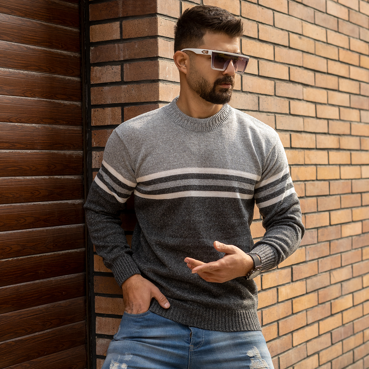 پلیور راه راه طوسی مردانه مدل T102