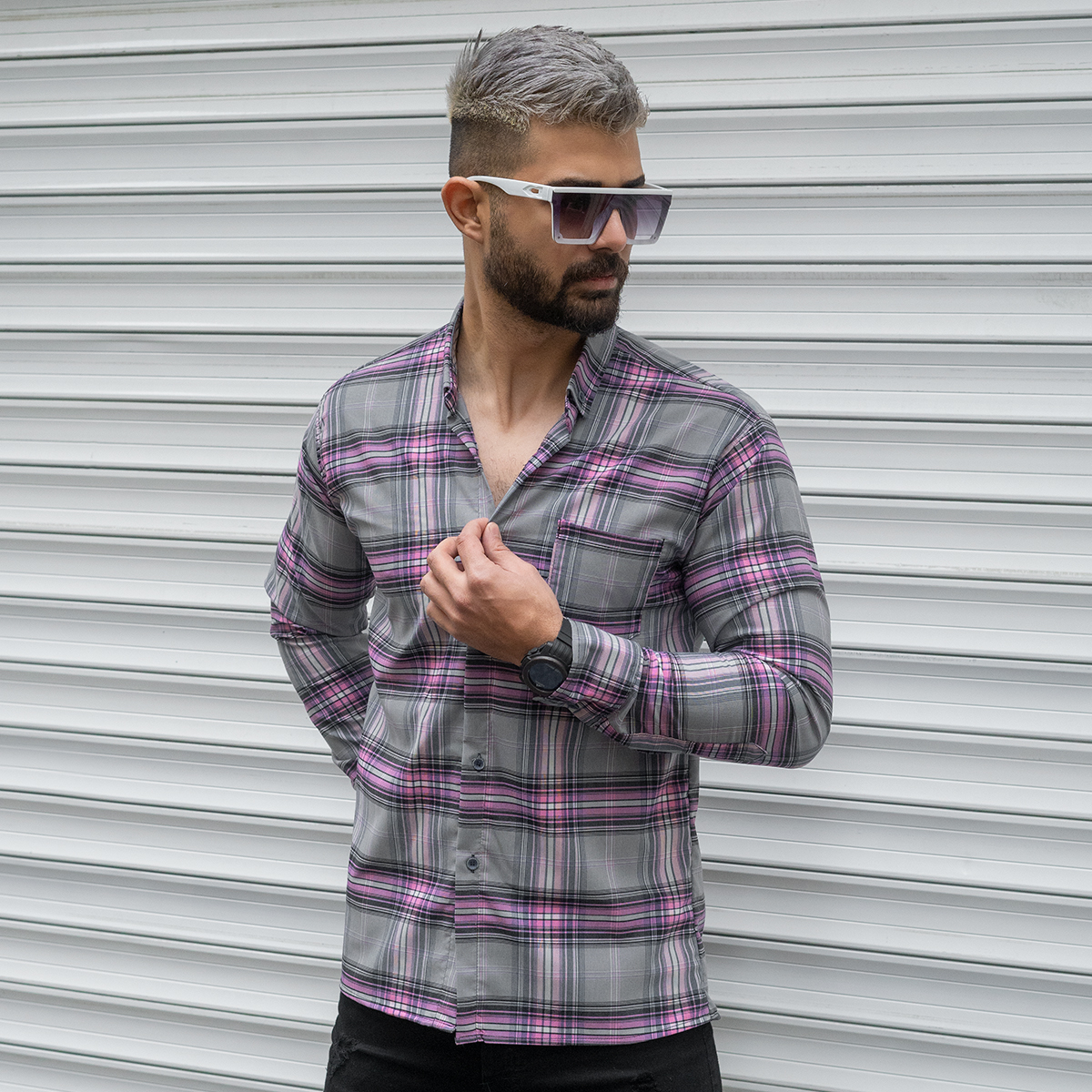 پیراهن مردانه طوسی صورتی مدل ahora