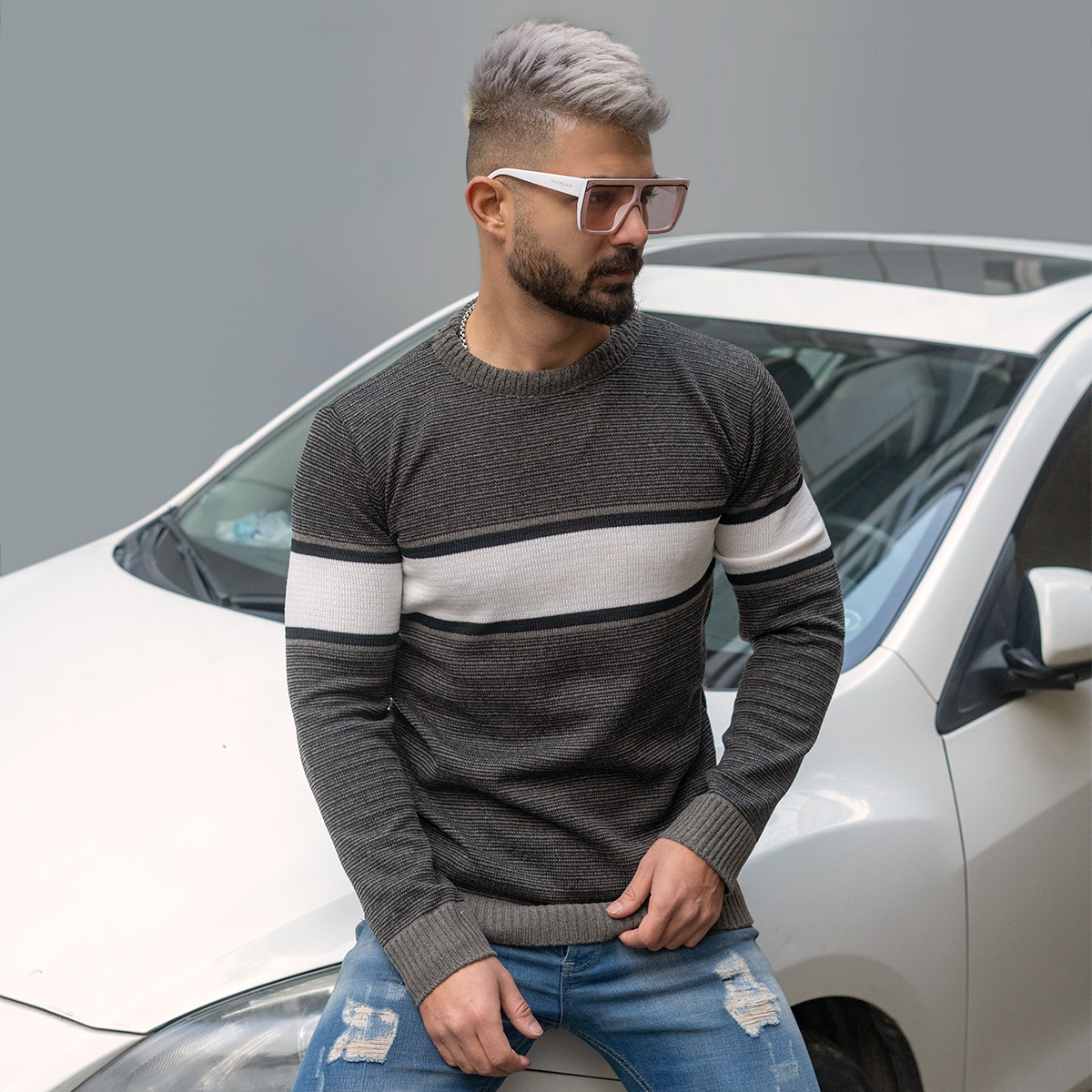 پلیور مردانه سفید- قهوه ای مدل Madis