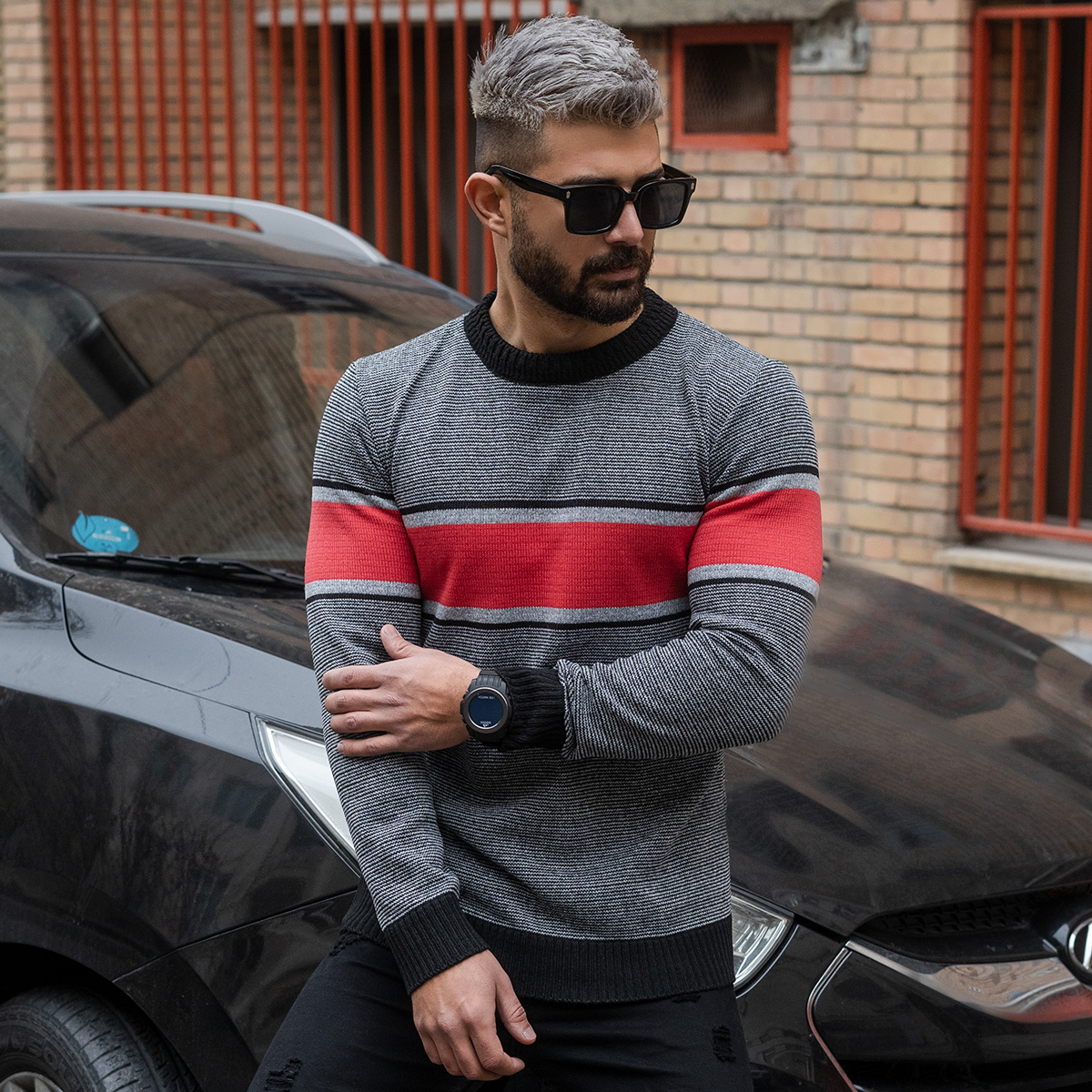 پلیور مردانه قرمز-طوسی مدل Madis