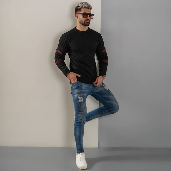 پلیور بافت مردانه مشکی مدل solan زاپ زرشکی