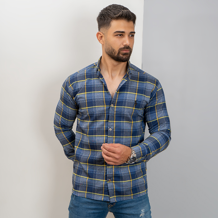 پیراهن مردانه سرمه ای زرد مدل Farzad