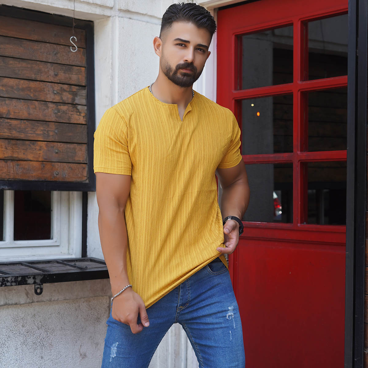 تیشرت آستین کوتاه خردلی مردانه مدل Bardia