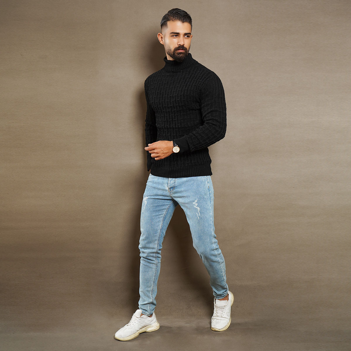 پلیوربافت مردانه مشکی یقه اسکی مدل Arad