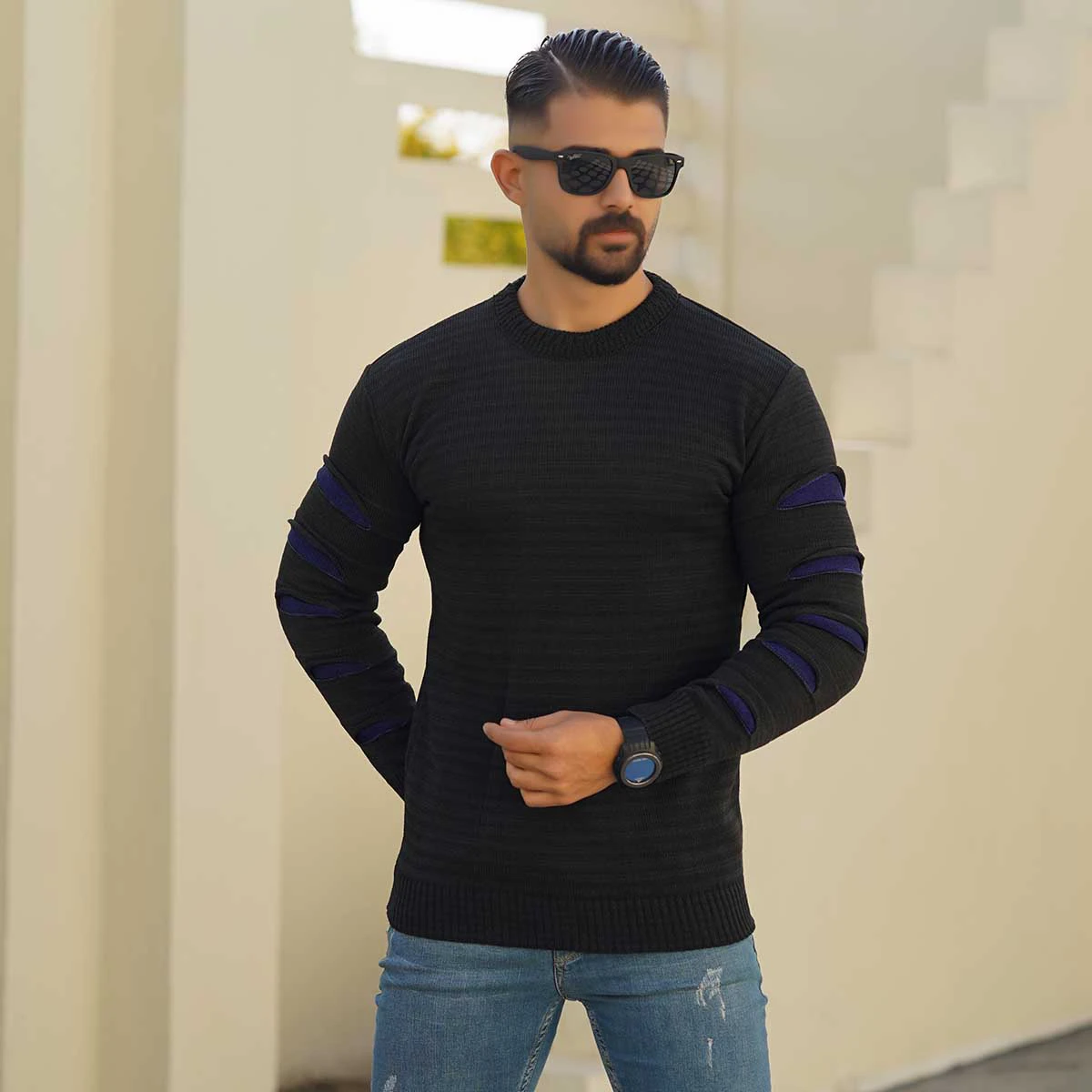 پلیور مردانه یقه گرد مشکی سرمه ای مدل Q20