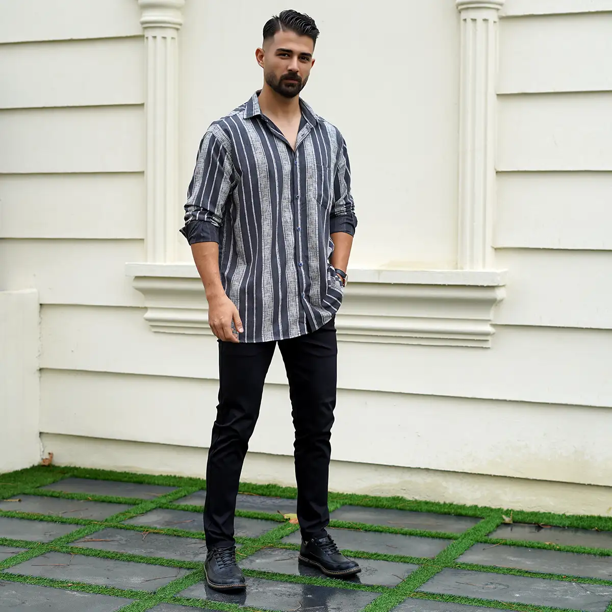 پیراهن مردانه مشکی طوسی مدل hirad