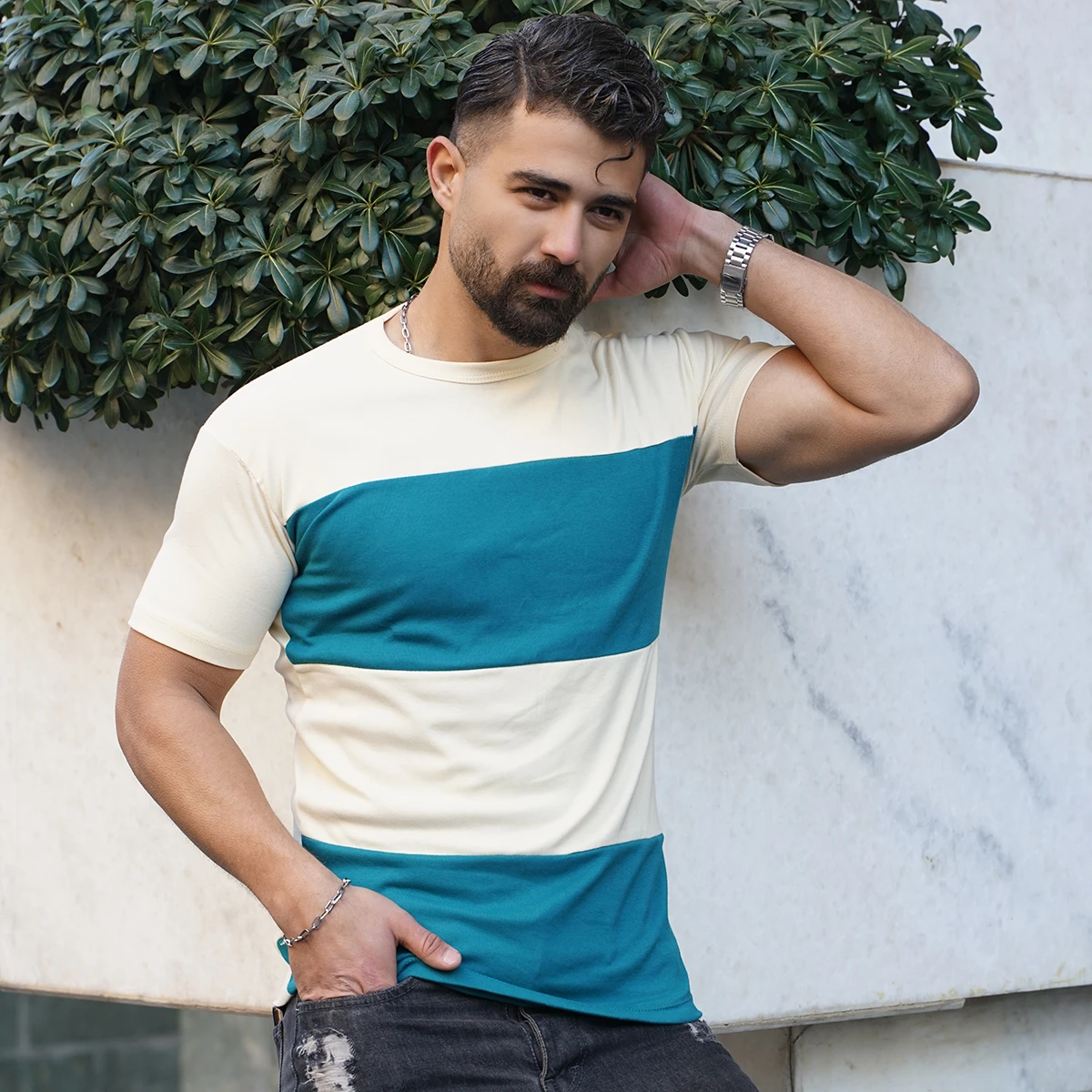 تیشرت مردانه کرم سبز مدل Dayar