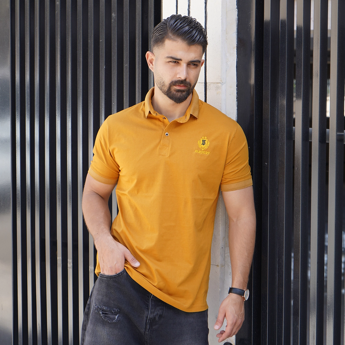 تیشرت یقه دار خردلی مردانه مدل Taha