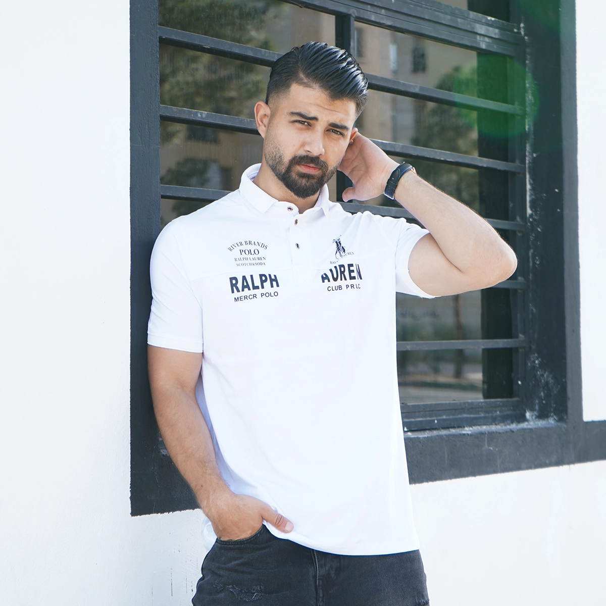تیشرت یقه دار سفید مردانه مدل Ralph