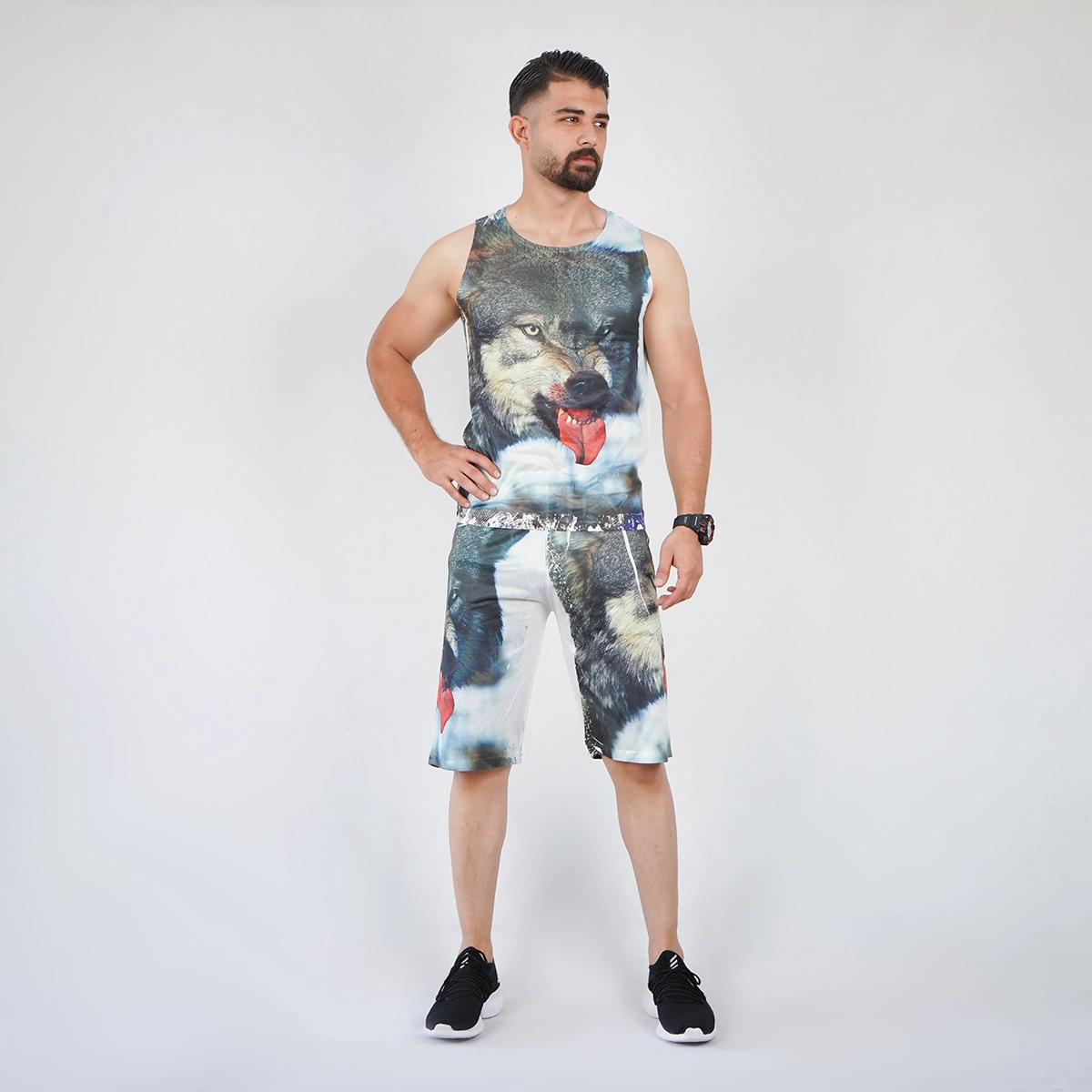 ست رکابی شلوارک مردانه طرح گرگ