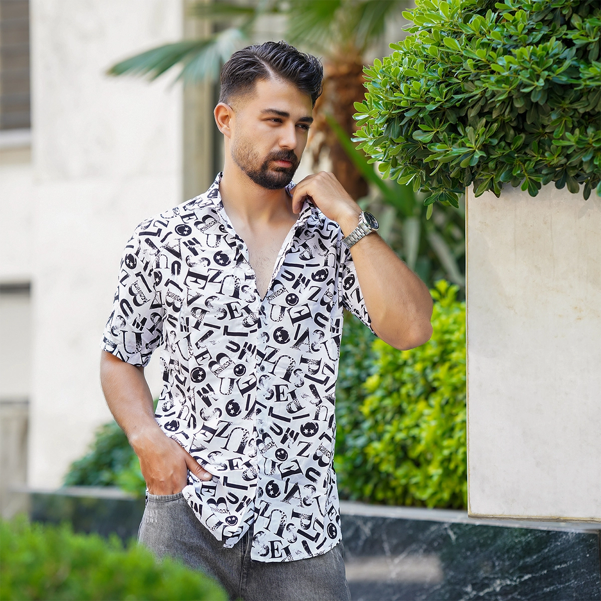 پیراهن هاوایی طرح حروف مردانه مدل W20